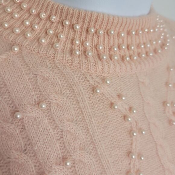 VINTAGE 90s sweater pink mock neck pearl beaded cable knit angora XL - Picture 5 of 11
